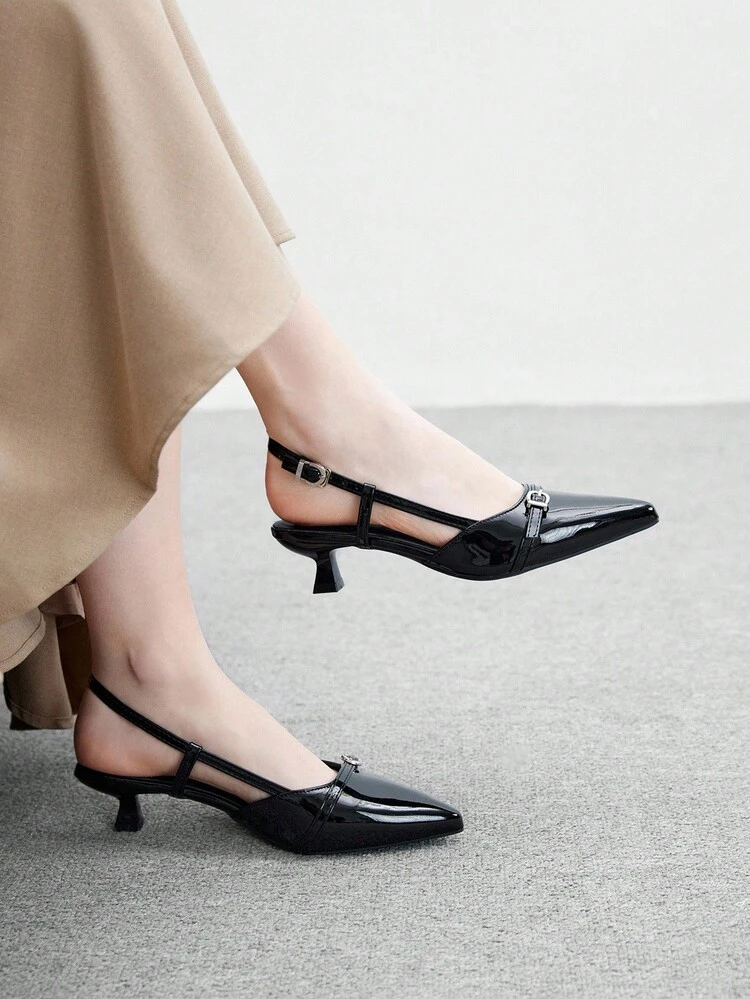 CUCCOO BIZCHIC Women's Pointed Toe Kitten Heel Slingback Pumps, Black, Fashionable & Versatile For Daily Wear, Commuting And Work For Christmas Spring Shoes