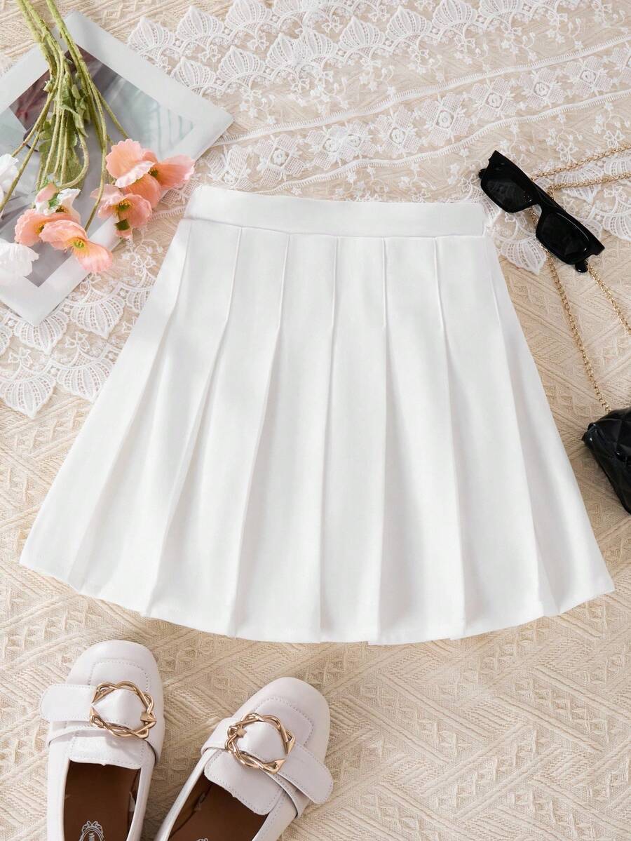 Tween Girl Plain Color Ruched Short Casual Skirt,Holiday,Summer,Travel Fall Winter - White - View 1