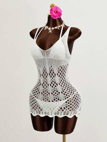 Swim Vcay Summer Beach Hollow Out Scallop Trim Split Hem Cover Up Dress Without Bikini - White - View 3
