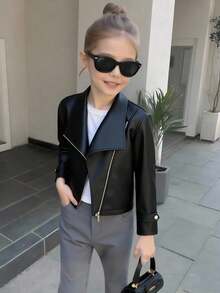 SHEIN Elladie kids 1 Áo khoác da giả cho bé gái, trang phục ngoài trời thiết yếu cho mùa thu, phong cách đường phố phù hợp cho các buổi đi chơi thường ngày và mặc hàng ngày - màu đen - Xem 3