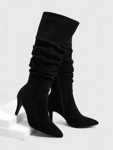 CUCCOO SZL Pointed Toe Ruched Chic Niche Pleated Gold High Heel Stacked Knee-High Boots, Elegant French Style For Women For Christmas Spring Shoes - Black - View 6
