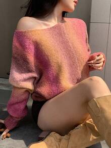 DAZY 女士宽松休闲扎染条纹彩色时尚不对称领口针织套头衫，秋冬 - 中紫紅色 - 查看 6