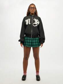 SUMWON WOMEN 女式短款校园飞行员哥特印花夹克轻便黑色机车秋冬外套经典纽约哥特街头风拉链立领 - 黑色 - 查看 5