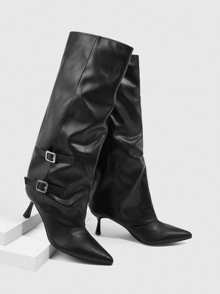 CUCCOO SZL Women's Fashion Sexy Pointed Toe Stiletto Heel Mid-Calf Boots, Black Pull-On