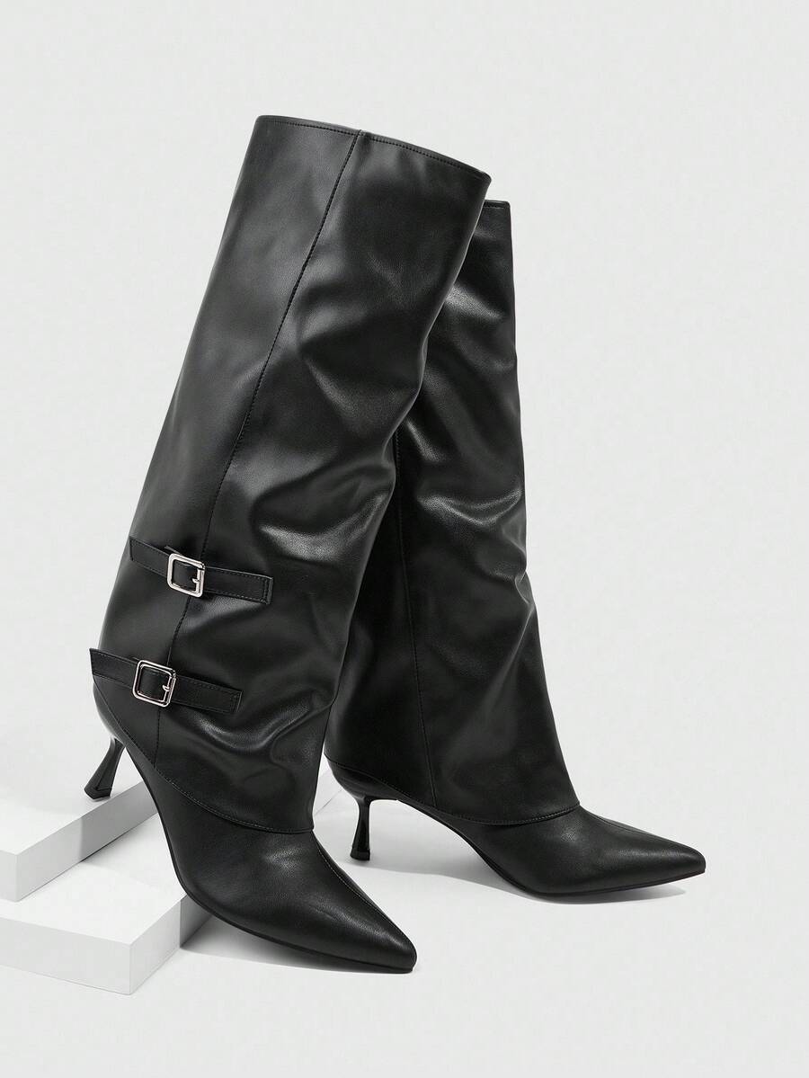 CUCCOO SZL 女士时尚性感尖头细高跟中筒靴，黑色套脚 - 黑色 - 查看 1