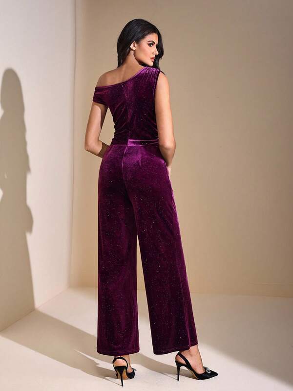 JIAN LASALA Mono elegante con un hombro asimétrico, fruncido, de pierna ancha y de terciopelo brillante para mujeres. Ropa de otoño e invierno para salir, fiestas, Año Nuevo, invitadas de boda y colección de ropa de lujo y con estilo