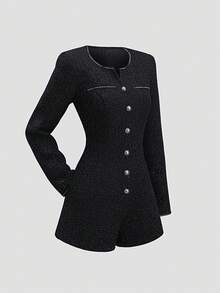 Sweetra 女士新款时尚银色金属黑边扣饰黑色银线长袖连体裤，春秋 - 黑色 - 查看 3