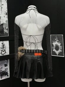 SHEIN Unity Women's Rhinestone Fishnet Cropped Top, Suitable For Birthday Party, Carnival - Black - View 2