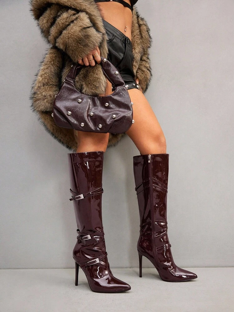 CUCCOO SZL Women's Fashion Coffee Brown Glossy PU Leather Side Rhinestone & Metal Buckle Pointed Toe Slim High Heel Over-The-Knee Boots