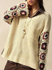 Bohemela Áo len đan hở vai họa tiết hoa móc cho nữ, Thu/Đông - Gỗ đỏ - Xem 4