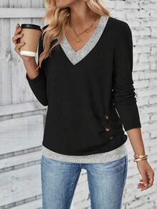 EMERY ROSE Tricou casual cu mânecă lungă, blocuri de culoare, pentru femei, toamnă - Negru - Vizualizare 3