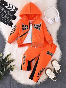 SHEIN Playful Pals Set de 2 piezas con chaqueta con capucha de manga larga con cremallera y bordado de letras, y pantalones con bordado de letras para niños pequeños. Estilo informal suave y cómodo, adecuado para salidas, juegos al aire libre, vacaciones y uso diario en otoño/invierno