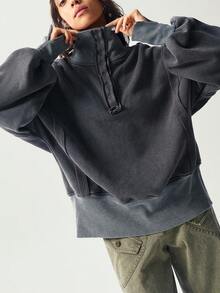 Bohemela 秋冬波西米亚风羊毛休闲纯色针织半拉链长袖宽松水洗女式运动衫 - 深灰色 - 查看 1