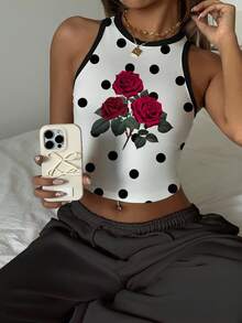 SHEIN EZwear Áo ba lỗ cổ tròn họa tiết chấm bi hoa hồng đơn giản, giản dị dành cho nữ, phù hợp cho mùa hè - trắng - Xem 4