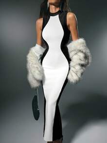 Nuvra 紧身绷带连衣裙，无袖，紧身曲线，收腰，黑白配，优雅派对，秋冬 - 黑與白 - 查看 8