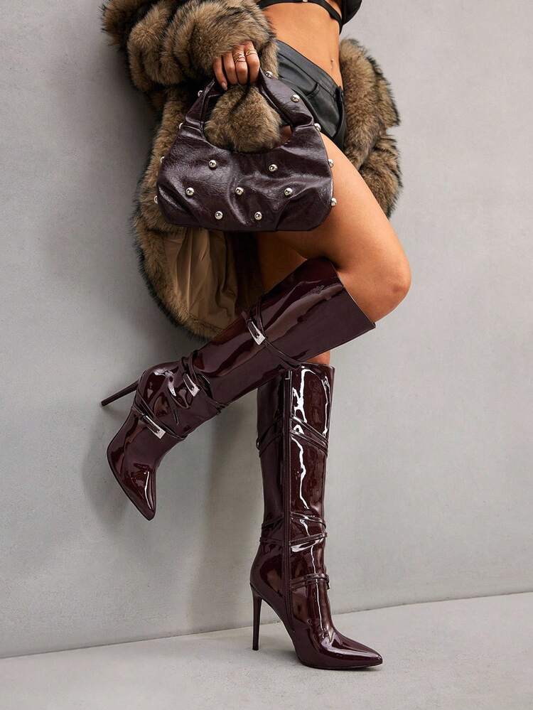 CUCCOO SZL Women's Fashion Coffee Brown Glossy PU Leather Side Rhinestone & Metal Buckle Pointed Toe Slim High Heel Over-The-Knee Boots