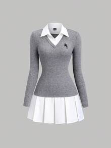 Sweetra Váy ngắn thêu họa tiết cổ áo sơ mi phong cách sinh viên giản dị mùa thu/đông dành cho nữ - Xám - Xem 4