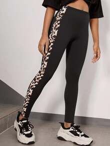 SHEIN Tween 女童撞色豹纹侧缝打底裤 - 黑色 - 查看 2