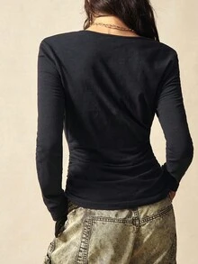 Bohemela 波西米亚风纯色针织长袖心形领抽绳系带女式衬衫，秋冬款，黑色上衣 - 黑色 - 查看 7