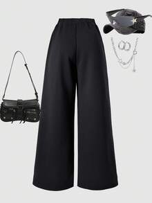 少女休闲纯色针织保暖内衬厚裤，带侧袋，前部缝合紧密，秋冬舒适运动裤