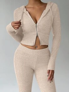 FavEase Apricot Fleece Knitted Texture Stand Collar Zipper Front Cropped Hoodie And Retro Flare Leg Long Pants, Simple Casual Sports Minimalist All-Match Essential Wardrobe, Women Spring Autumn Set Fall Cloth For Women