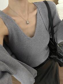 DAZY Ensemble élégant de 2 pièces pour le bureau/la maison : pull tricoté ample à encolure en V et débardeur minimaliste de couleur unie, convient pour l'automne et l'hiver - Gris - Voir 5
