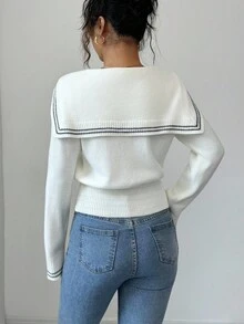 Elenzga Casual Commute Colorblock Striped Sailor Collar Sweater - Apricot - View 2