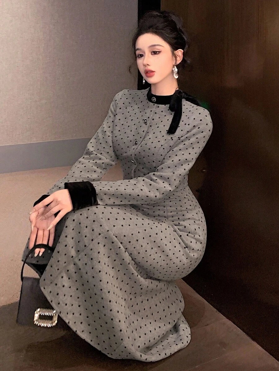 DAZY Abito in tessuto di lana con vita stretta, stampa a pois su tutto il capo, colletto a nastro a contrasto, chiusura con bottoni in metallo, vestito elegante con vestibilità morbida adatto per lavoro/matrimonio/festa, abito midi a-line per donna - Grigio - Visualizzare 1