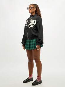 SUMWON WOMEN 女式短款校园飞行员哥特印花夹克轻便黑色机车秋冬外套经典纽约哥特街头风拉链立领 - 黑色 - 查看 7