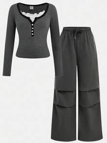 SHEIN 2 piezas Conjunto casual de niña preadolescente con top de manga larga acanalado con ribete de contraste y botón, combinado con pantalones anchos plisados, estilo casual escolar, adecuado para uso casual, regreso a clases, ceremonia de apertura, uso diario, escuela, viajes, deportes, otoño/invierno - Gris - Ver 7
