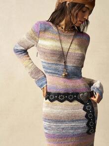 Bohemela 秋冬女士扎染印花圆领修身优雅长袖毛衣裙 - 彩色 - 查看 2
