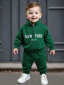 SHEIN Playful Pals Baby Boy Casual Letter Embroidery Half-Zip Long Sleeve Top Paired With Solid Color No Belt Pants, Autumn/Winter - Green - View 1