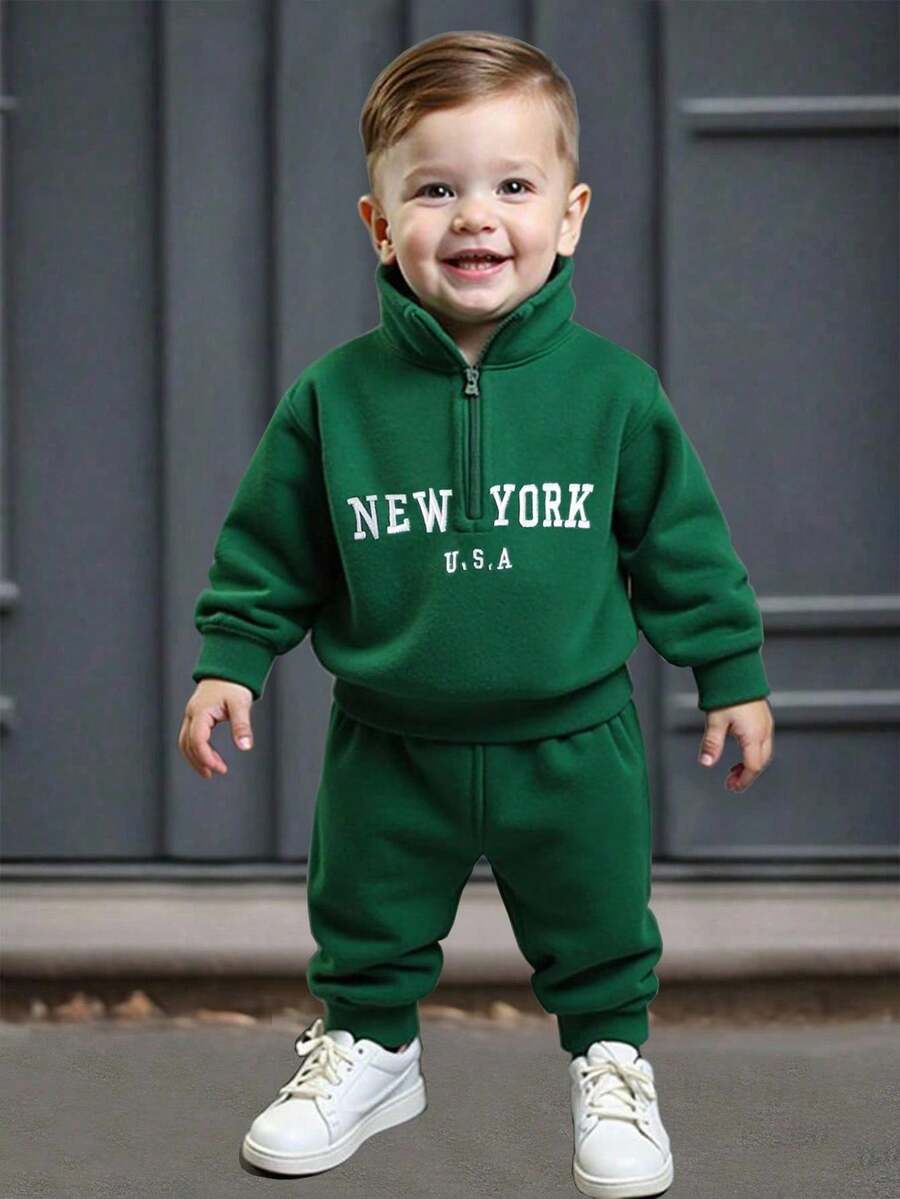 SHEIN Playful Pals Baby Boy Casual Letter Embroidery Half-Zip Long Sleeve Top Paired With Solid Color No Belt Pants, Autumn/Winter - Green - View 1