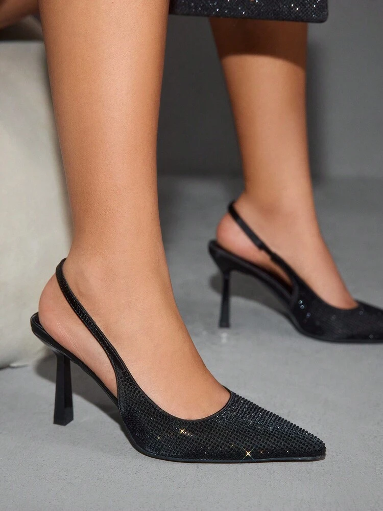 CUCCOO SZL Black Pointed Toe High Heel Shoes, Rhinestone Embellished Sexy Party Pumps With Ankle Strap For Women For Christmas Spring Shoes