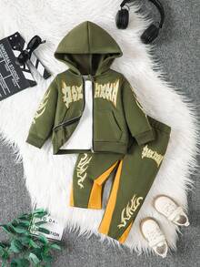 SHEIN Playful Pals 2 件套男婴字母刺绣连帽衫夹克和字母刺绣裤柔软舒适休闲装，适合秋冬季户外玩耍、日常穿着、旅行 - 綠色 - 查看 6