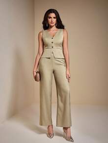 JIAN LASALA Blazer sans manches élégant à col en V, à boutons et à ourlet évasé. Blazer en lin décontracté pour femmes, collection de luxe et à la mode pour le nouvel an et les invités de mariage - Jaune citron - Voir 3
