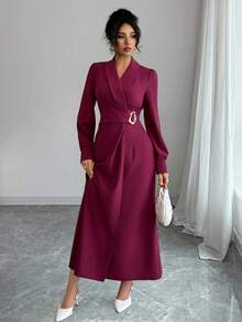 Elenzga Women's Solid Color Shawl Collar Long Sleeve Metal Waist Design Elegant Mid-Length Dress - Red - View 5
