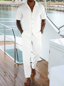 VENTUSAIL 男士夏季纯色短袖单排扣衬衫和裤子休闲西装 - 白色 - 查看 3