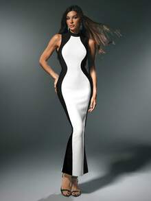 Nuvra 紧身绷带连衣裙，无袖，紧身曲线，收腰，黑白配，优雅派对，秋冬 - 黑與白 - 查看 6