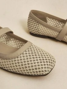 Rosivie 杏仁圆头编织网眼平底鞋，时尚简约舒适透气扣带女式平底鞋，波西米亚西部音乐节派对装 - 杏色 - 查看 4