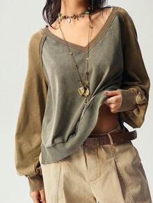 Bohemela Áo nỉ nữ cổ chữ V tay dài rộng lưng khoét sâu phong cách Boho thường ngày mùa thu/đông - Nhiều màu - Xem 1