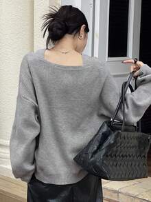 DAZY Ensemble élégant de 2 pièces pour le bureau/la maison : pull tricoté ample à encolure en V et débardeur minimaliste de couleur unie, convient pour l'automne et l'hiver - Gris - Voir 4