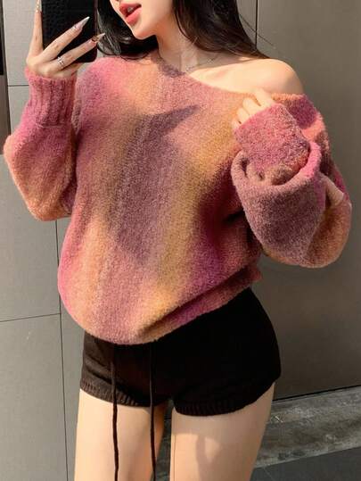 DAZY Femmes Lâche Décontracté Tie-Dye Tie Dye Rayé Coloré Élégant Asymétrique Col Tricoté Pull, Automne/Hiver