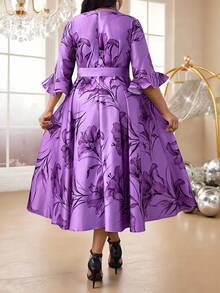 Fleurora Váy chữ A tay chuông thắt đai màu hồng cho mùa xuân và mùa hè, mùa thu và mùa đông, tiệc cưới sang trọng, tiệc cocktail, tiệc Giáng sinh, cỡ lớn, phối đồ - Màu tím - Xem 2