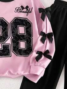 SHEIN 青少年女孩宽松休闲简约舒适圆领长袖拼色运动衫和慢跑裤套装 - 粉色 - 查看 8
