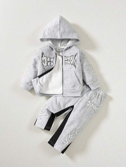 SHEIN Playful Pals 2pcs Baby Boys Letter Embroidered Hoodie Jacket & Trouser Set, Soft Comfortable Casual Style, Suitable For Autumn/Winter Outings, Outdoor Play, Holiday & Daily Wear