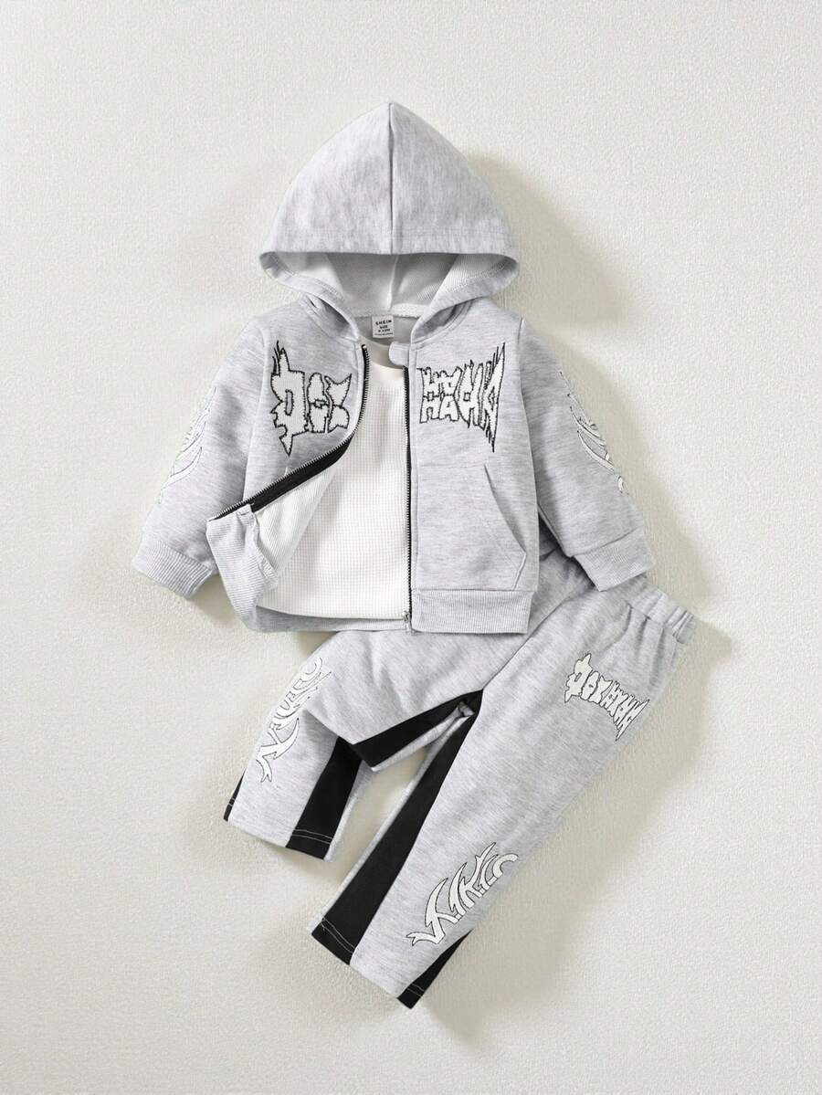 SHEIN 男嬰字母刺繡連帽衫外套褲子組 牛仔風 秋冬親子裝 生日禮物 灰色 白色 淺灰色 - 灰色 - 查看 1
