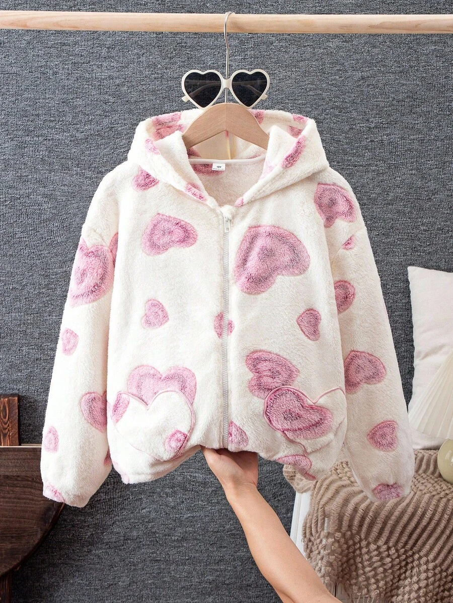 SHEIN Tween Girls' Khaki Patchwork Plaid 2-Pocket Loose Casual Hooded Jacket, Autumn/Winter Fall - Pink - View 1