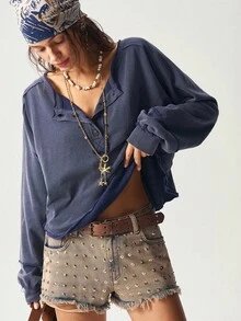 Bohemela 波西米亚风女士休闲纯色不对称下摆圆领半开襟宽松长袖水洗宽松卫衣，饰有星星图案，复古西部乡村风格，适合音乐会、度假、返校、万圣节等场合，秋冬季穿着。 - 藏蓝色 - 查看 6