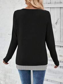 SHEIN LUNE V领侧褶按扣条纹领长袖T恤 - 彩色 - 查看 2